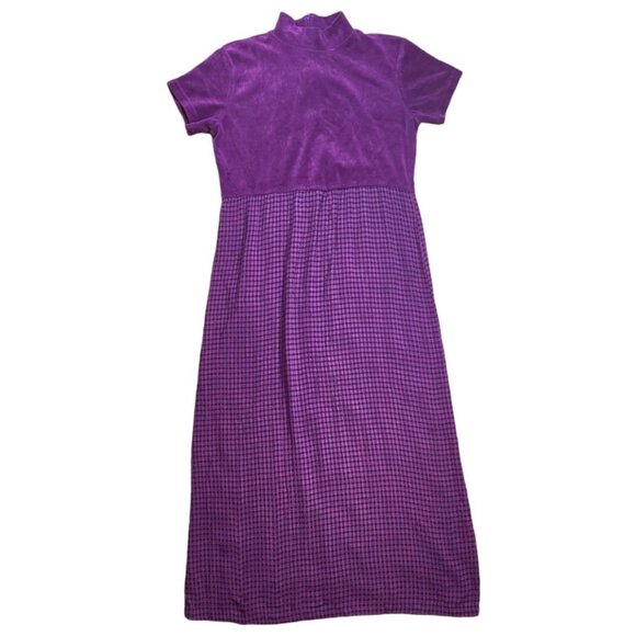 Purple Gingham Empire Waist Vintage Velvet Top Short Sleeve Maxi Dress Medium - Picture 2 of 8